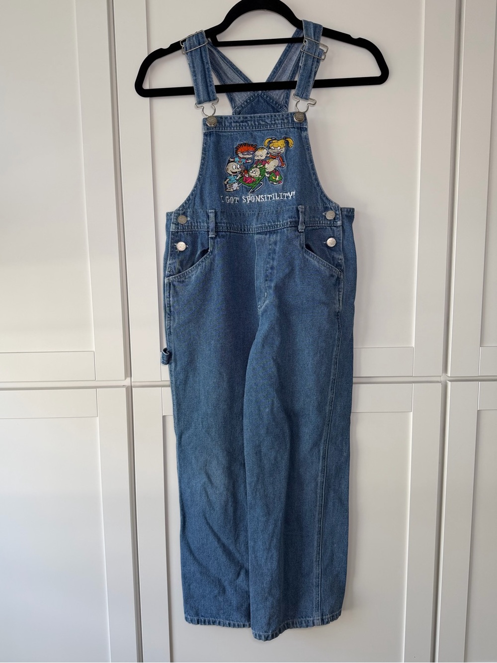 Vintage 90’s Rugrats Kid’s Denim Cargo Jean Overalls Patchwork Embroidery Baggy